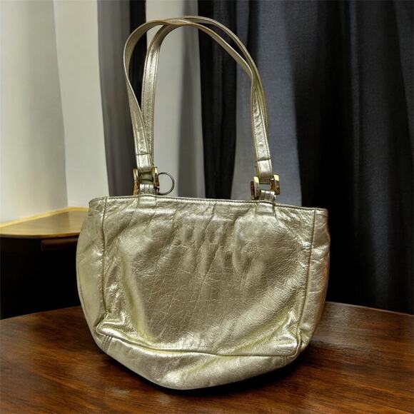 SAS VTG Diane Gold Leather Handbag Purse Tote Bag With Keychain Glam READ - Picture 2 of 12